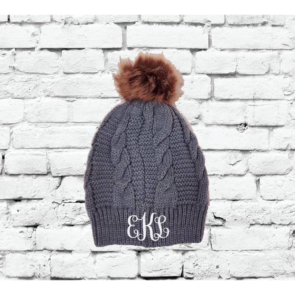 Custom Fur Pom Pom Beanies Grey Cable Knit Hats Monogram